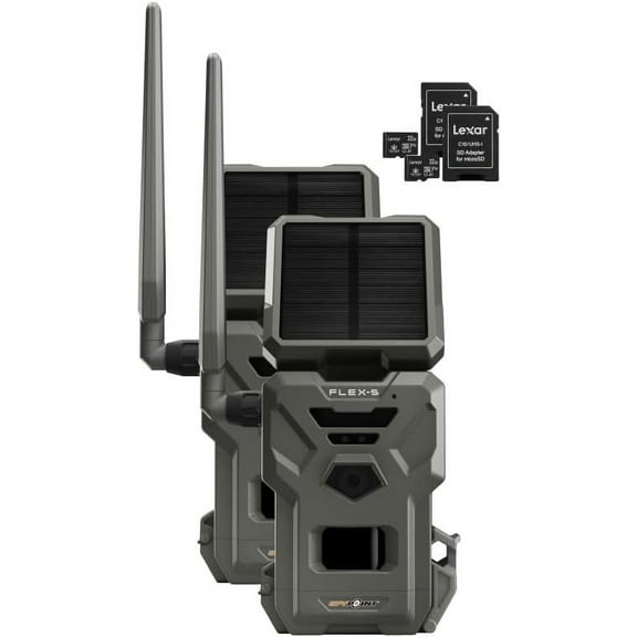 SPYPOINT Flex-S Solar Cellular Trail Camera 2 PK Integrated Solar Panel, LTE Connectivity, 100-foot Flash/Detection Range, Internal Battery, Optional Battery Backup + 2 SD Cards + Spudz