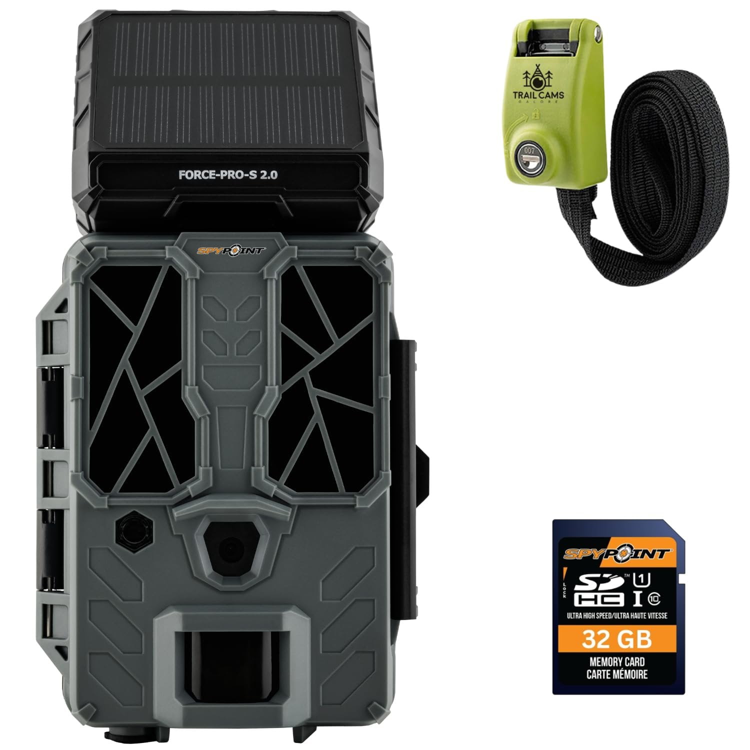 SPYPOINT Force-PRO-S 2.0 Solar Trail Camera, Integrated Solar Panel, 0.2S Trigger Speed, 90ft Flash Range, 110 ft Detection Range, 1080p Video Modes, 48MP Photo + 32GB SD Card + Steel Reinforced Strap