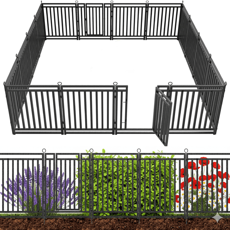 SPZONE 32 in H x 36 ft L Metal Garden Fence with Gate, 14 Panels + 2 Gate, Heavy-Duty Outdoor Decorative Animal Barrier for Patio & Flower Beds, Black/Silver