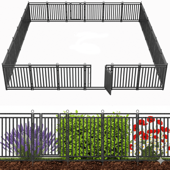 SPZONE 32 in H x 54 ft L Metal Garden Fence with Gate, 21 Panels + 3 Gate, Heavy-Duty Outdoor Decorative Animal Barrier for Patio & Flower Beds, Black/Silver