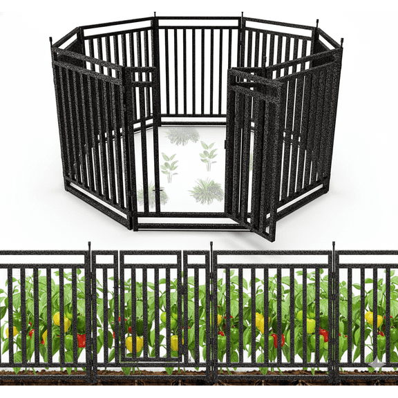 SPZONE 32 in H x 18 ft L Outdoor Garden Fence with Gates, 7 Panels + 1 Gates, Weather-Resistant Yard Barrier for Privacy & Decoration, Black/Silver