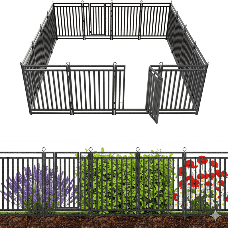 SPZONE 40 in H x 36 ft L Metal Garden Fence with Gate, 14 Panels + 2 Gate, Heavy-Duty Outdoor Decorative Animal Barrier for Patio & Flower Beds, Black/Silver
