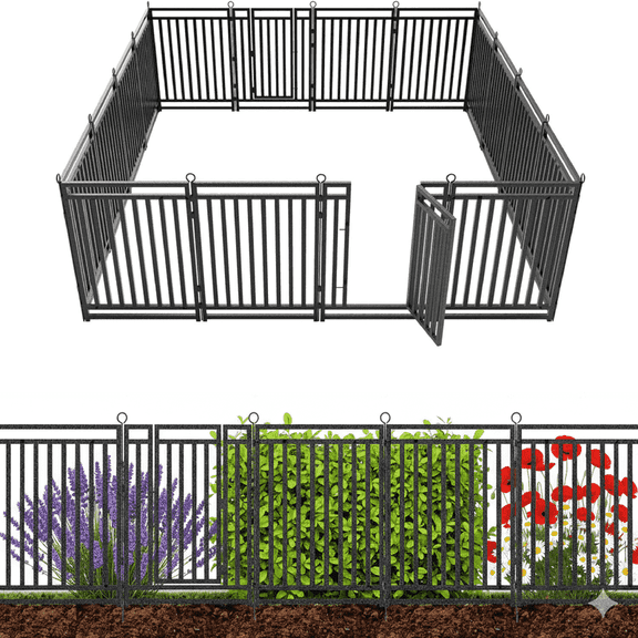 SPZONE 40 in H x 36 ft L Metal Garden Fence with Gate, 14 Panels + 2 Gate, Heavy-Duty Outdoor Decorative Animal Barrier for Patio & Flower Beds, Black/Silver