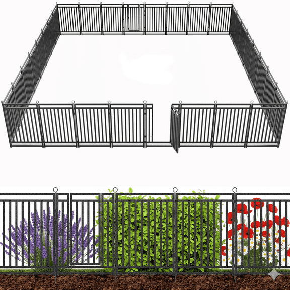 SPZONE 40 in H x 72 ft L Metal Garden Fence with Gate, 28 Panels + 4 Gate, Heavy-Duty Outdoor Decorative Animal Barrier for Patio & Flower Beds, Black/Silver