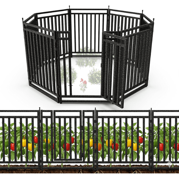 SPZONE 40 in H x 18 ft L Outdoor Garden Fence with Gates, 7 Panels + 1 Gates, Weather-Resistant Yard Barrier for Privacy & Decoration, Black/Silver