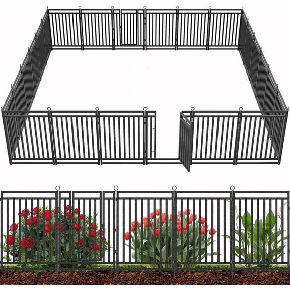 SPZONE 40 in H x 54 ft L Metal Garden Fence with Gate 24 Panels, Heavy-Duty Outdoor Decorative Animal Barrier for Patio & Flower Beds, Black/Silver