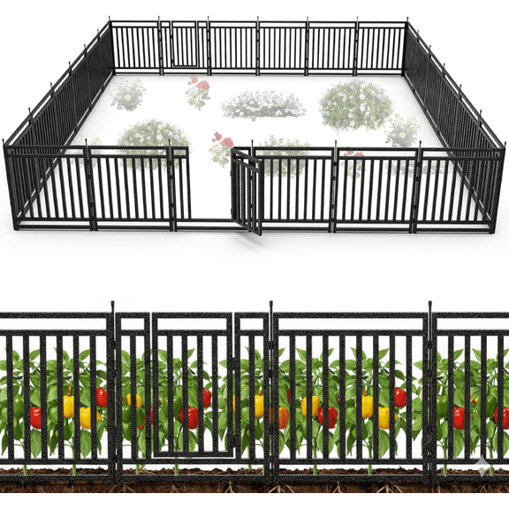 SPZONE 40 in H x 54 ft L Outdoor Garden Fence with Gates, 21 Panels + 3 Gates, Weather-Resistant Yard Barrier for Privacy & Decoration, Black/Silver