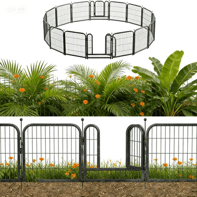 SPZONR Decorative Garden Fence 24" Height 16 Panels (2Gates+14Panels) Outdoor, No Dig Rustproof Wire, Metal Animal Barrier Fencing for Yard Patio Flower Bed Black-Silver