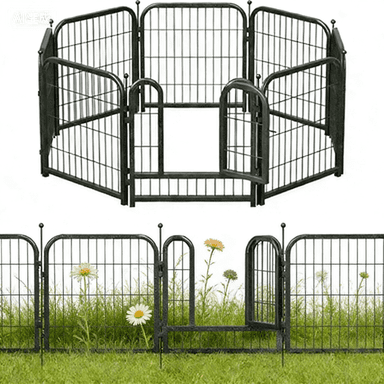 SPZONR Decorative Garden Fence 45" Height 8 Panels (1Gate+7Panels) Outdoor, No Dig Rustproof Wire, Metal Animal Barrier Fencing for Yard Patio Flower Bed Black-Silver