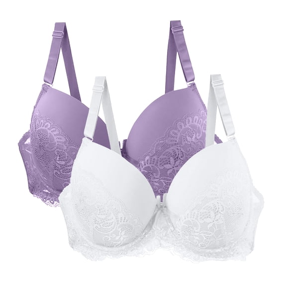 SPZTSX 2 PCS Lace Bras for Women No Underwire V Neck Wireless Push Up Bra Comfort Full Coverage Seamless Bralette