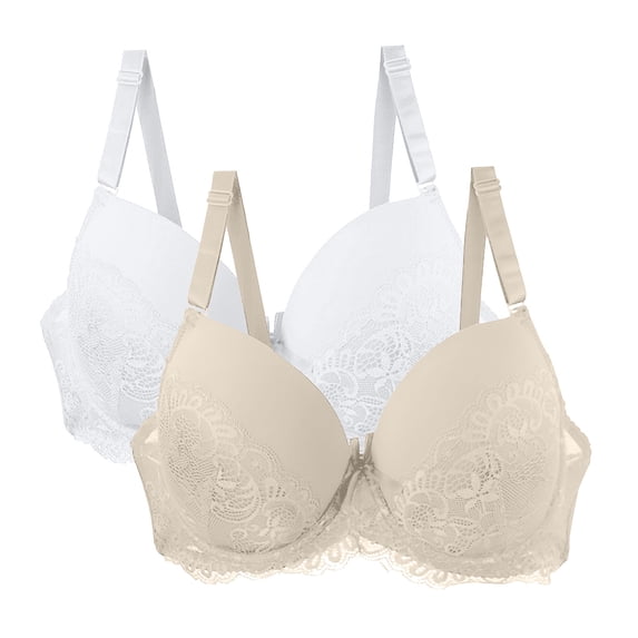 SPZTSX 2 PCS Lace Bras for Women No Underwire V Neck Wireless Push Up Bra Comfort Full Coverage Seamless Bralette