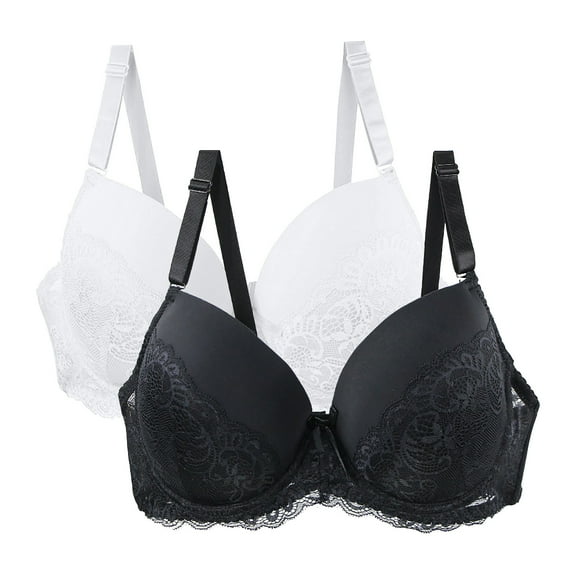 SPZTSX 2 Pack Women's Push Up Bra Underwire Everyday Classic Soft Lace Padded Solid Color Bras