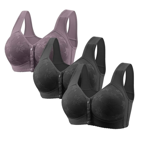 SPZTSX 3 Pack Bras for Older Women Push Up No Underwire Full Coverage Lace Bra Convenient Front Closure Everyday Bras