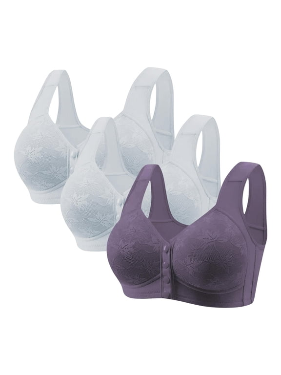 Easy Snap Front Closure Bras for Older Women, 3-Pack - No Underwire Push Up, Supportive Full Coverage Wireless Bra for Seniors