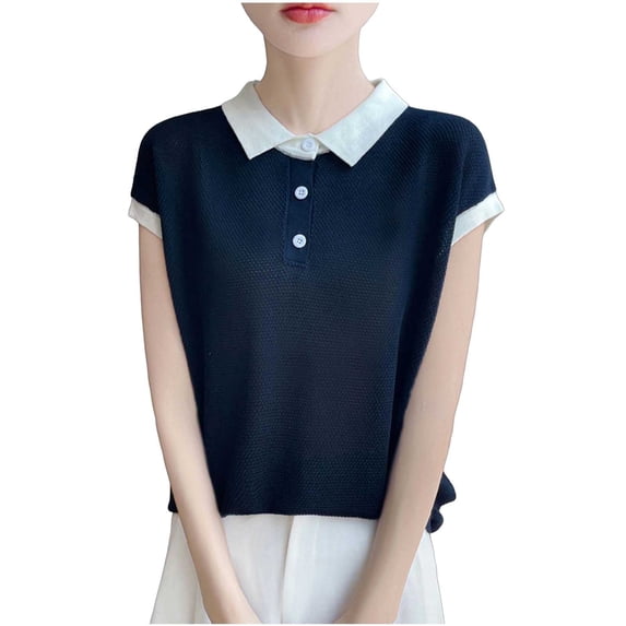 SPZTSX Knitted Polo Shirts for Women Color Block Short Sleeve Collared Slim Fit Casual Tops for Summer