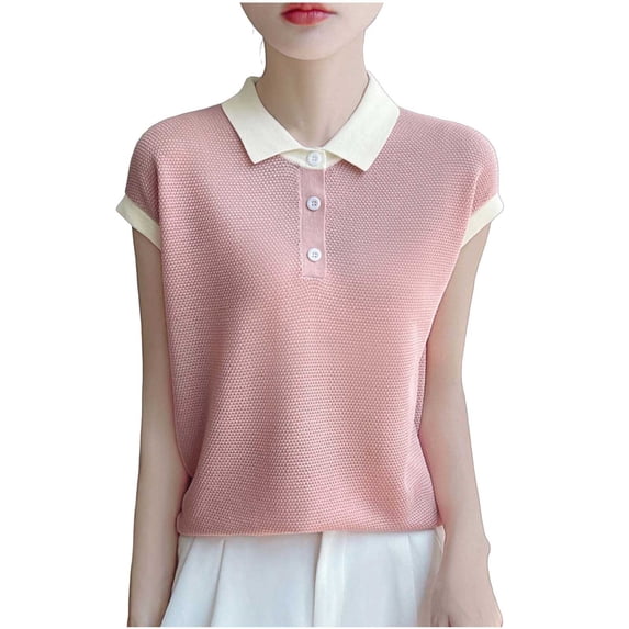 SPZTSX Knitted Polo Shirts for Women Color Block Short Sleeve Collared Slim Fit Casual Tops for Summer