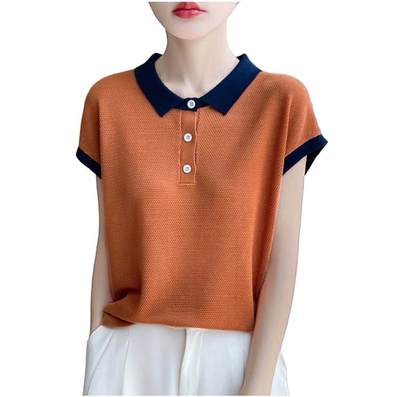 SPZTSX Knitted Polo Shirts for Women Color Block Short Sleeve Collared Slim Fit Casual Tops for Summer