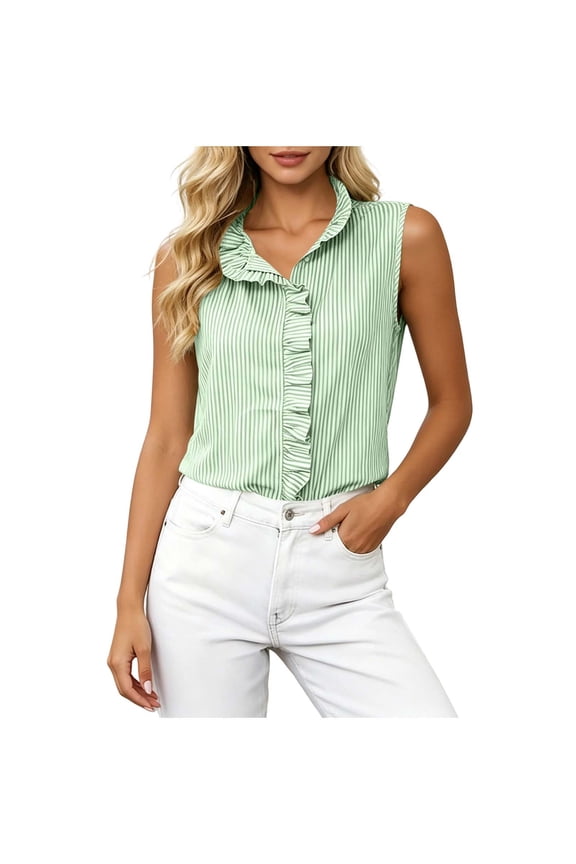 Sleeveless Ruffle Trim Tops for Women Striped V Neck Button Down Casual Everyday Office Blouses