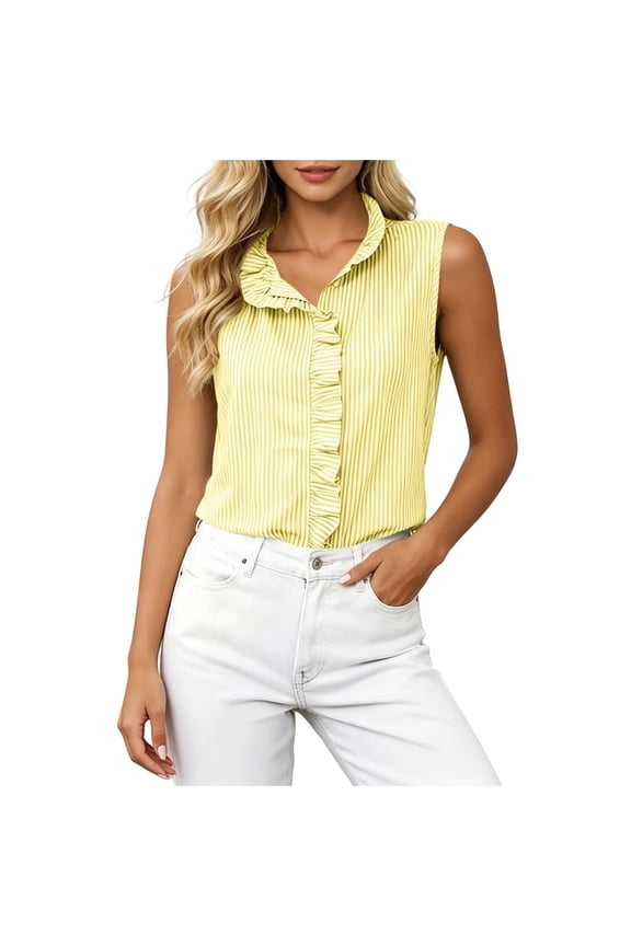 Sleeveless Ruffle Trim Tops for Women Striped V Neck Button Down Casual Everyday Office Blouses