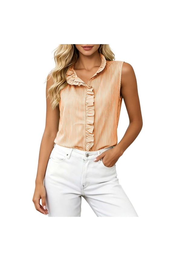 Sleeveless Ruffle Trim Tops for Women Striped V Neck Button Down Casual Everyday Office Blouses