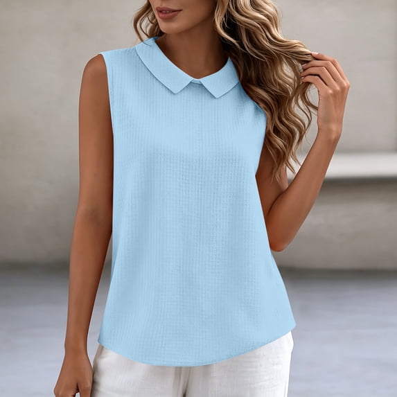 SPZTSX Tank Tops for Women Collared Sleeveless Solid Color Textured Casual Daily Work Blouses Shirts