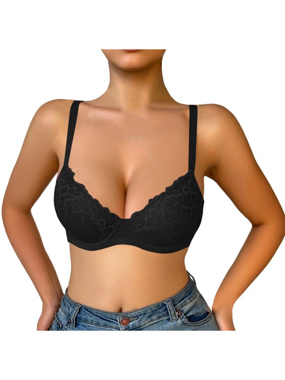 Wireless Lace Push Up Bras for Women Deep V Neck Side Support Adjustable Thin Straps Everyday Comfort Bra