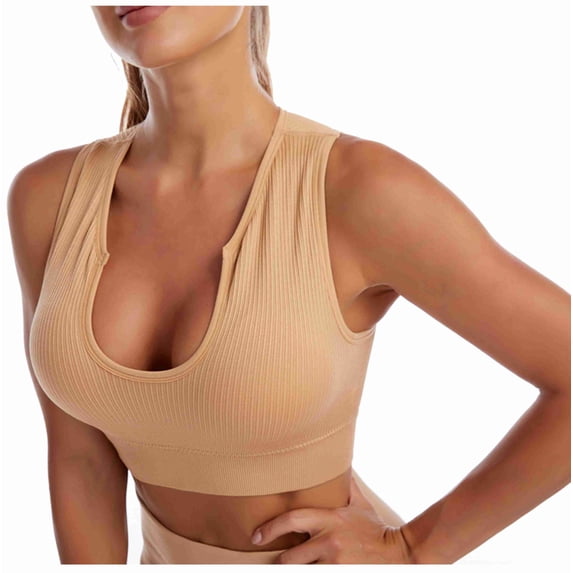 SPZTSX Women's Medium Support Crop Top Seamless Ribbed Removable Cups Workout Yoga Sport Bra U Neck Wirefree Comfort Bralettes