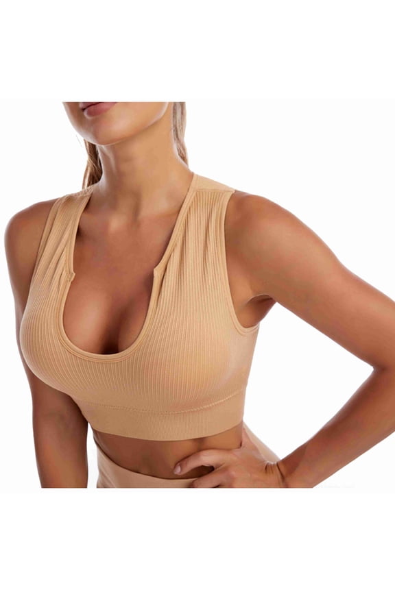 Women's Medium Support Crop Top Seamless Ribbed Removable Cups Workout Yoga Sport Bra U Neck Wirefree Comfort Bralettes