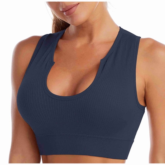 SPZTSX Women's Medium Support Crop Top Seamless Ribbed Removable Cups Workout Yoga Sport Bra U Neck Wirefree Comfort Bralettes