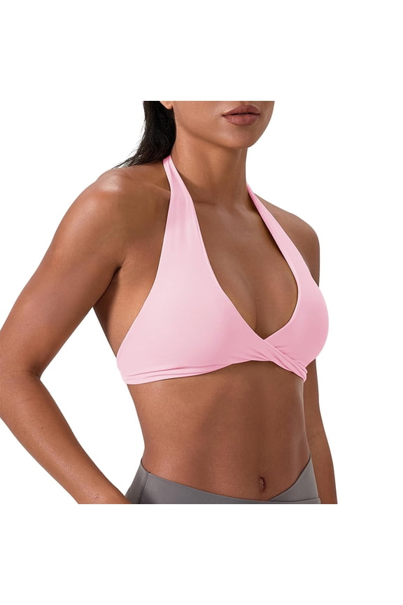 Women's Seamless Halter Crop Bra - Padded Open Back Low Impact Yoga & Gym Top
