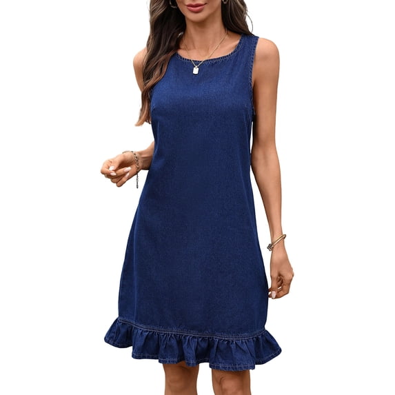 SPZTSX Womens Sleeveless Round Neck Light Denim Dress Ruffle Hem Loose Casual Summer Mini Shift Dress