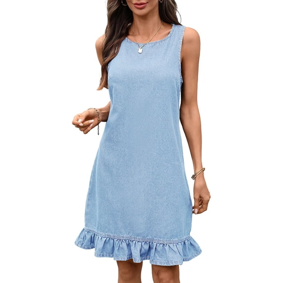 SPZTSX Womens Sleeveless Round Neck Light Denim Dress Ruffle Hem Loose Casual Summer Mini Shift Dress