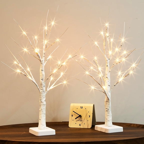 SQ Lighted Birch Tree, 2 Pack Christmas Tree with 24 LED, Tabletop Centerpiece Artificial Tree Lights Battery Powered Timer for Home Office Bedroom Wedding