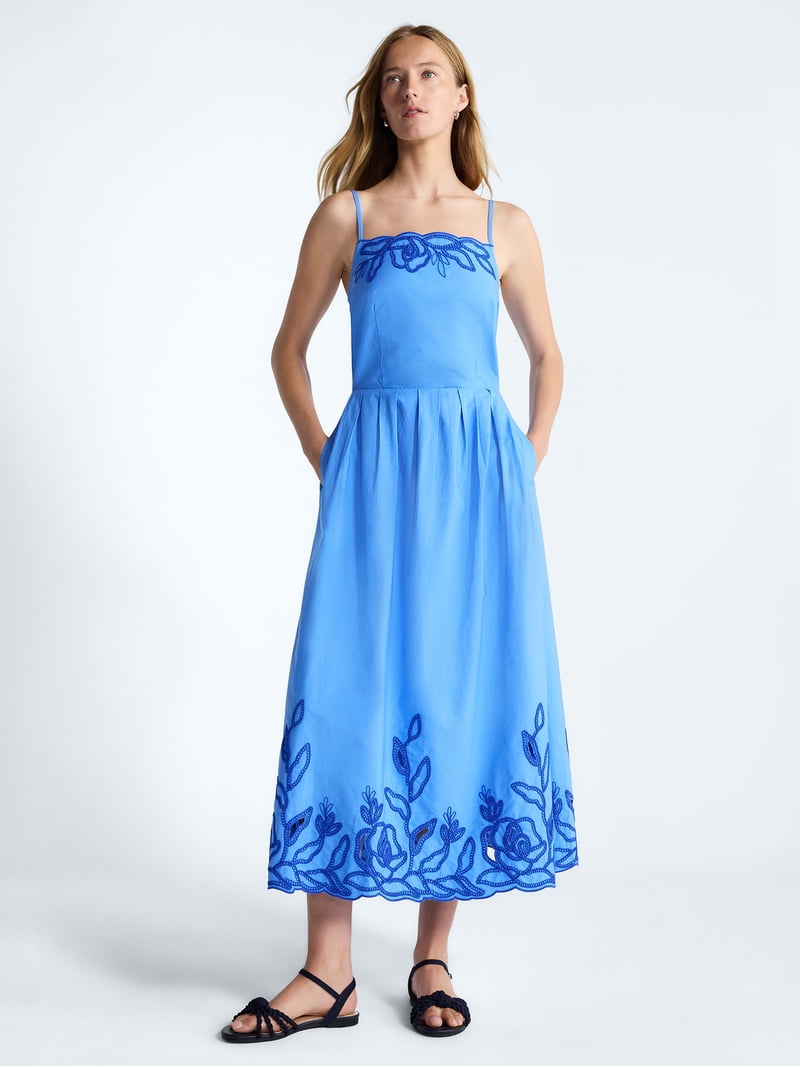 womens cotton midi dress Free Assembly Women's and Women's Plus Embroidered Dress, Sizes Xs-4x, Size: Medium, Blue Pattern Type White Square Neck Embroidery Midi