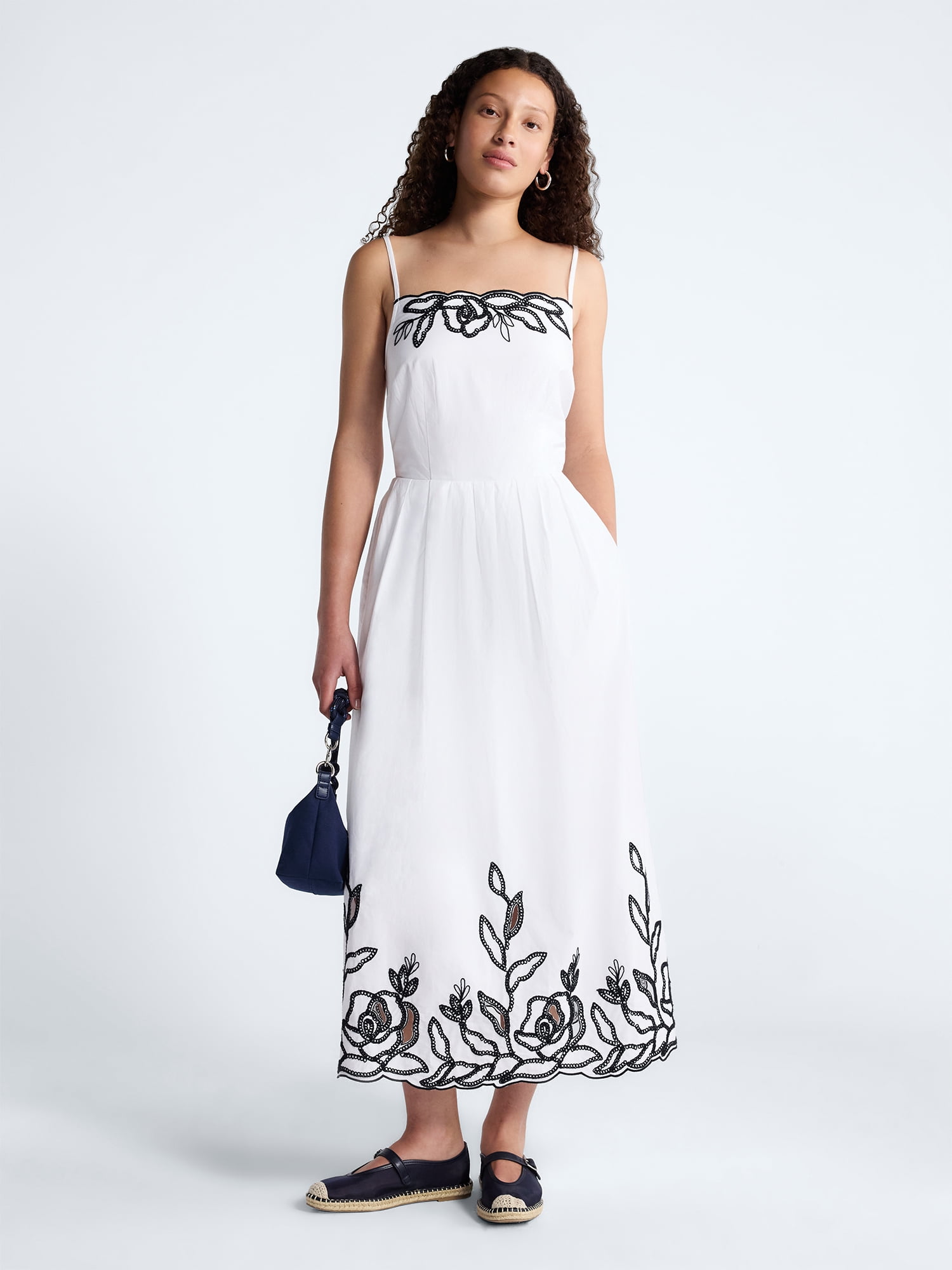 Free Assembly Women's and Women's Plus Embroidered Cotton Midi Dress, Sizes XS-4X