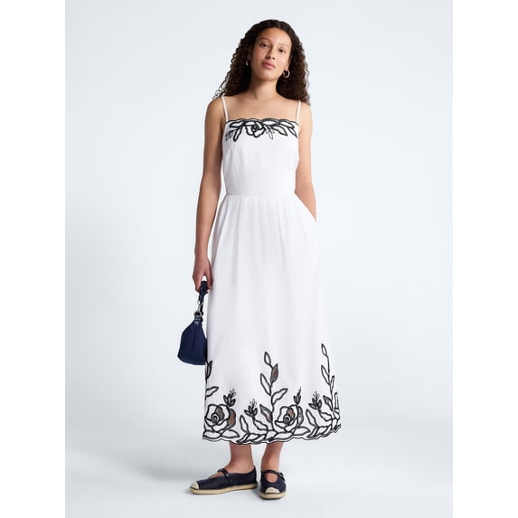 Free Assembly Women's and Women's Plus Embroidered Cotton Midi Dress, Sizes XS-4X