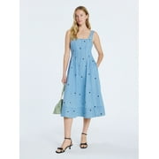 FREE ASSEMBLY Women's and Women's Plus Embroidered Hearts Denim Panel Midi Dress, Sizes XS- 4X