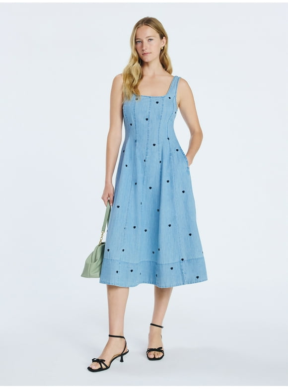 Women's and Women's Plus Embroidered Hearts Denim Panel Midi Dress, Sizes XS- 4X