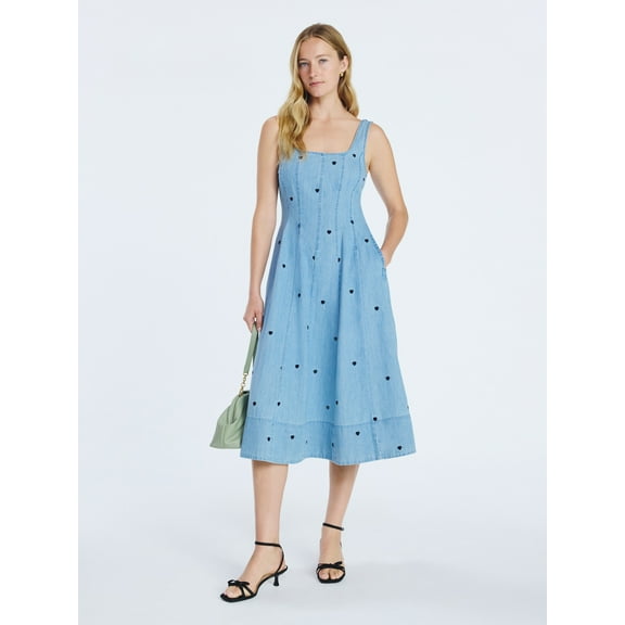 Free Assembly Women's and Women's Plus Embroidered Hearts Denim Panel Midi Dress, Sizes XS- 4X