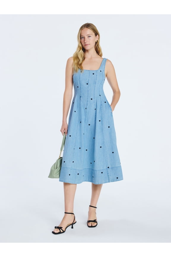 Women's and Women's Plus Embroidered Hearts Denim Panel Midi Dress, Sizes XS- 4X