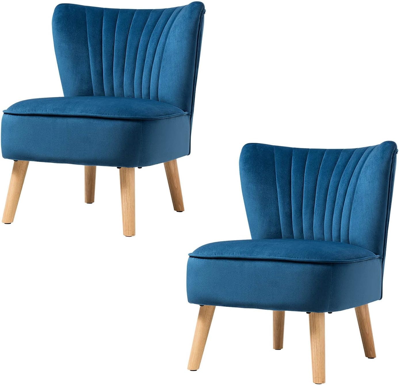 Blue Velvet Armless Side Chair with Wood Legs