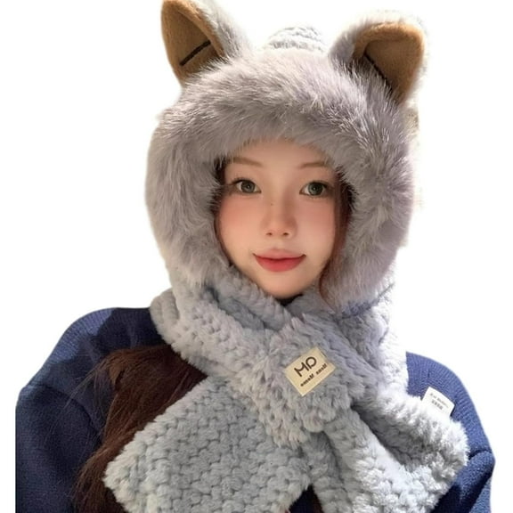 SQDWYGG 2 in 1 Women Hooded Scarf Hat Fluffy Beanie Hats for Women, Cute Winter Faux Fur Cap with Scarf and Fox Ears,general,Grey