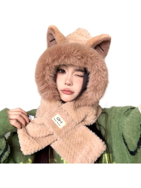 2 in 1 Women Hooded Scarf Hat Fluffy Beanie Hats for Women, Cute Winter Faux Fur Cap with Scarf and Fox Ears,general,Khaki