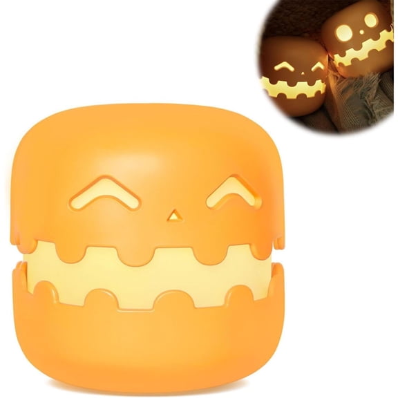 SQDWYGG Halloween Pumpkin Night Lights with Smiling Face, Jack O Lantern Halloween Decorations Indoor Table Desk Decor Headlamp Cute LED Nightlights Gifts Nightstand Lamp with Timer Function,Orange-2