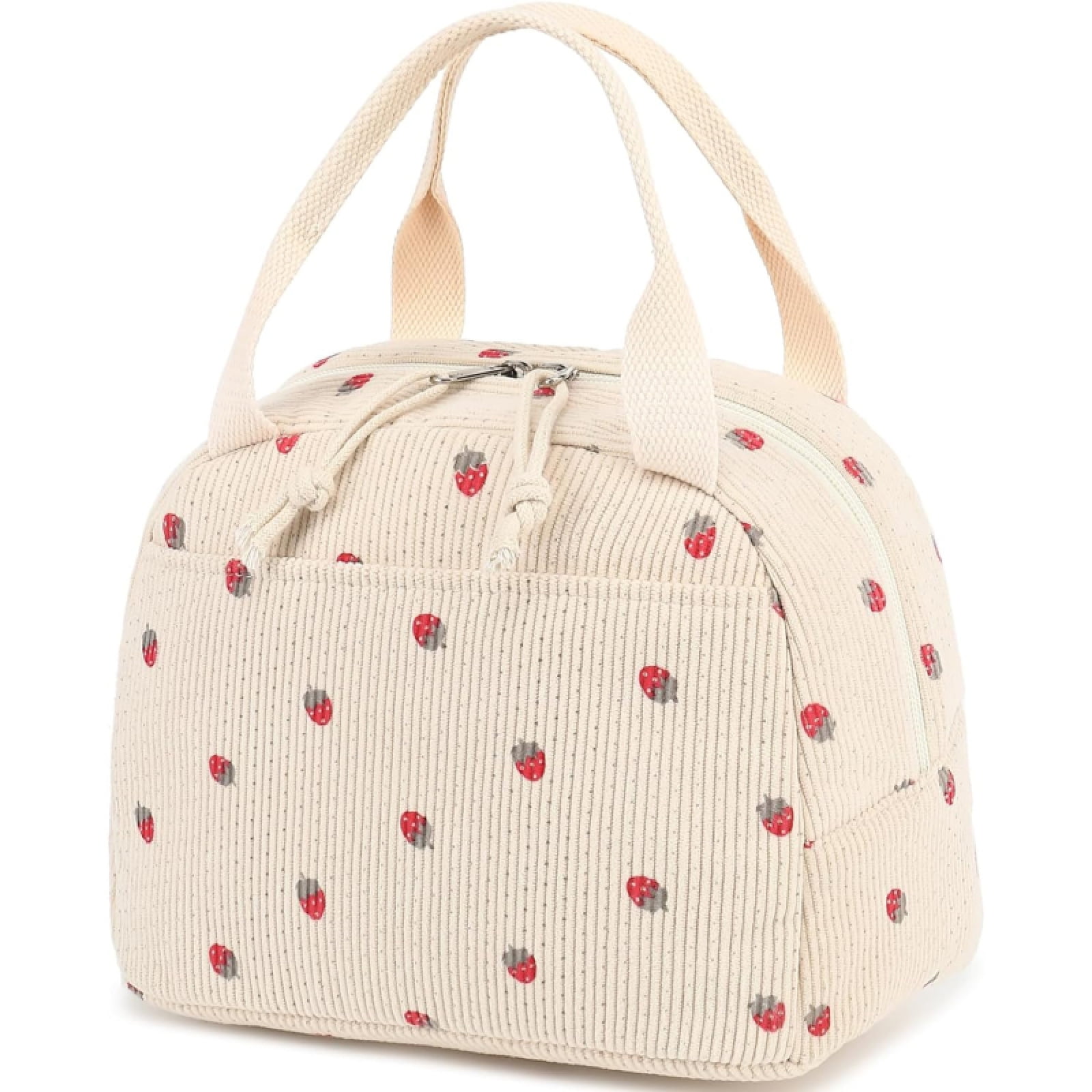 SQDWYGG Lunch Bag Cute Corduroy Lunch Handbag Reusable Insulated Lunch Box Large Capacity Insulated Refrigerated Box,Beige strawberry