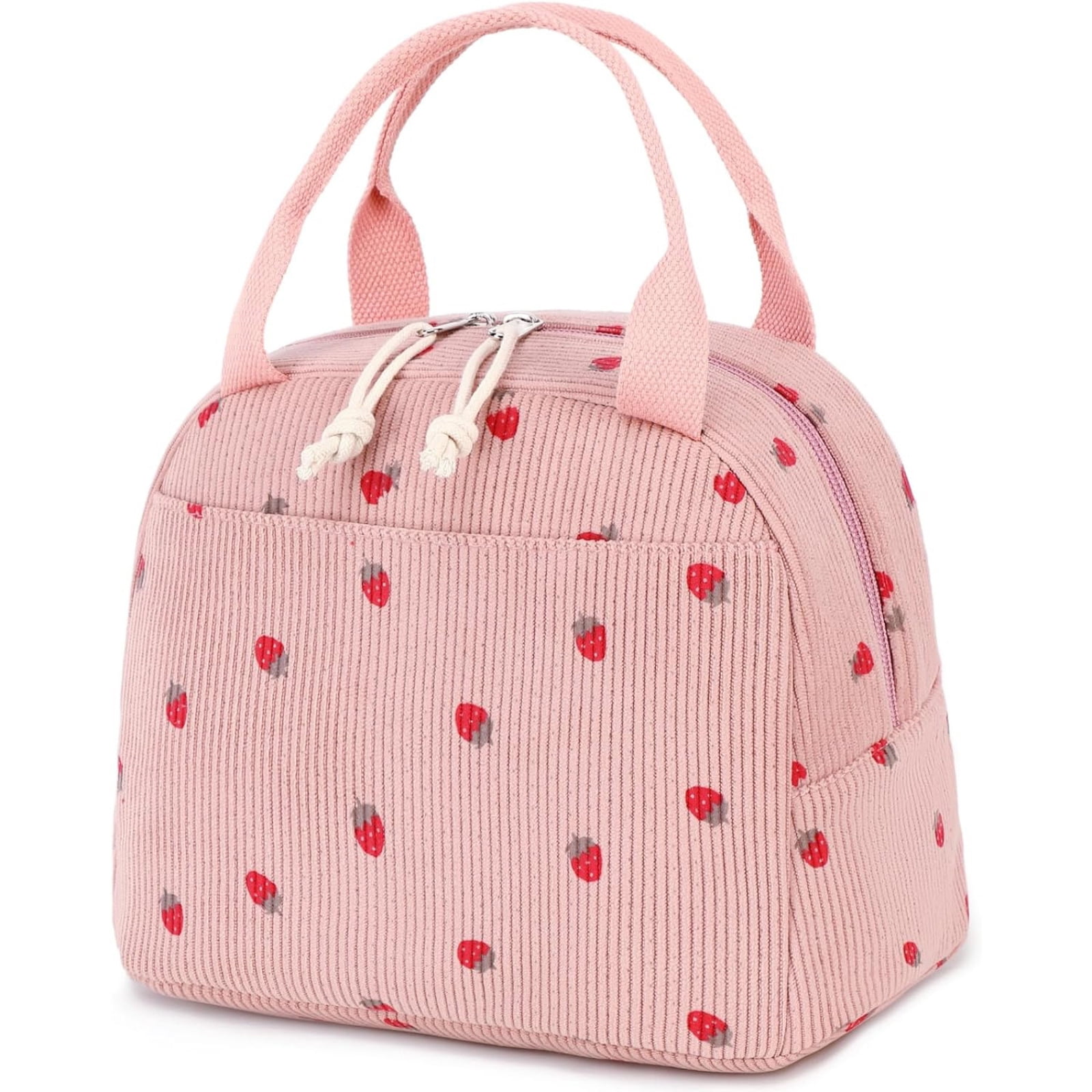 SQDWYGG Lunch Bag Cute Corduroy Lunch Handbag Reusable Insulated Lunch Box Large Capacity Insulated Refrigerated Box,Pink Strawberry