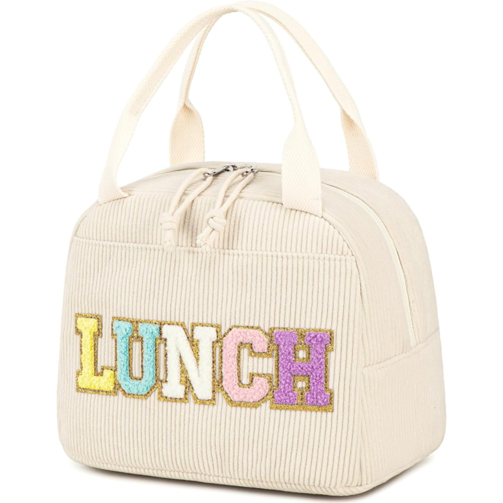 SQDWYGG Lunch Bag Cute Corduroy Lunch Handbag Reusable Insulated Lunch Box Large Capacity Reusable Insulated Refrigerated Box Suitable For Work, Picnics Or Travel,beige letters