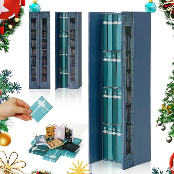 SQDWYGG Mini Book Advent Calendar 2025, Books Lovers Advent Ornament with 24 Book Gift, Double Doors Christmas Books Countdown Calendar for Literature Lovers, Holiday Decorations,1,Blue