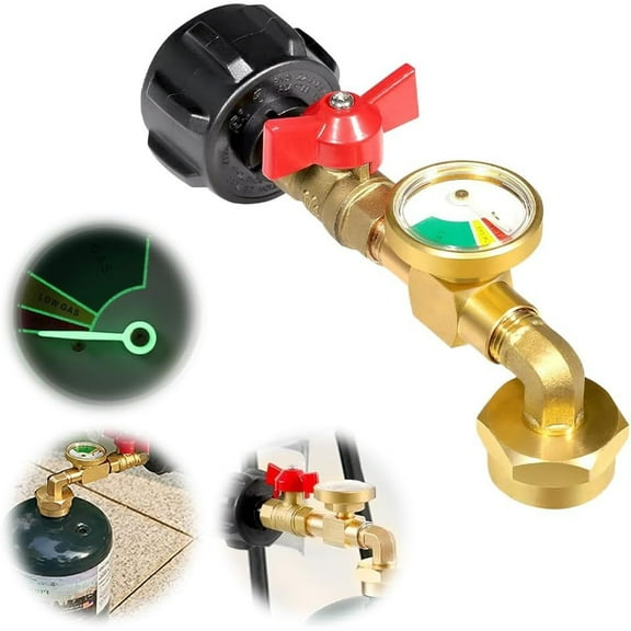 SQDWYGG Propane Refill Elbow Adapter with Tank Gauge, 2024 Upgrade Propane Tank Adapter for 1 lb Tank, Universal Propane Gas Gauge for BBQ Gas Grill Cylinder RV Camper,brass,1PCS