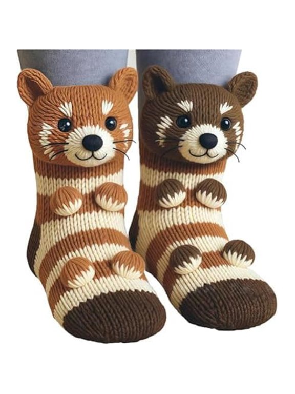 3D Knit Animal Socks, 2026 Handmade Funny Warm and Soft Long Sloth Socks, Cozy Fall & Winter,One Size,Red Panda